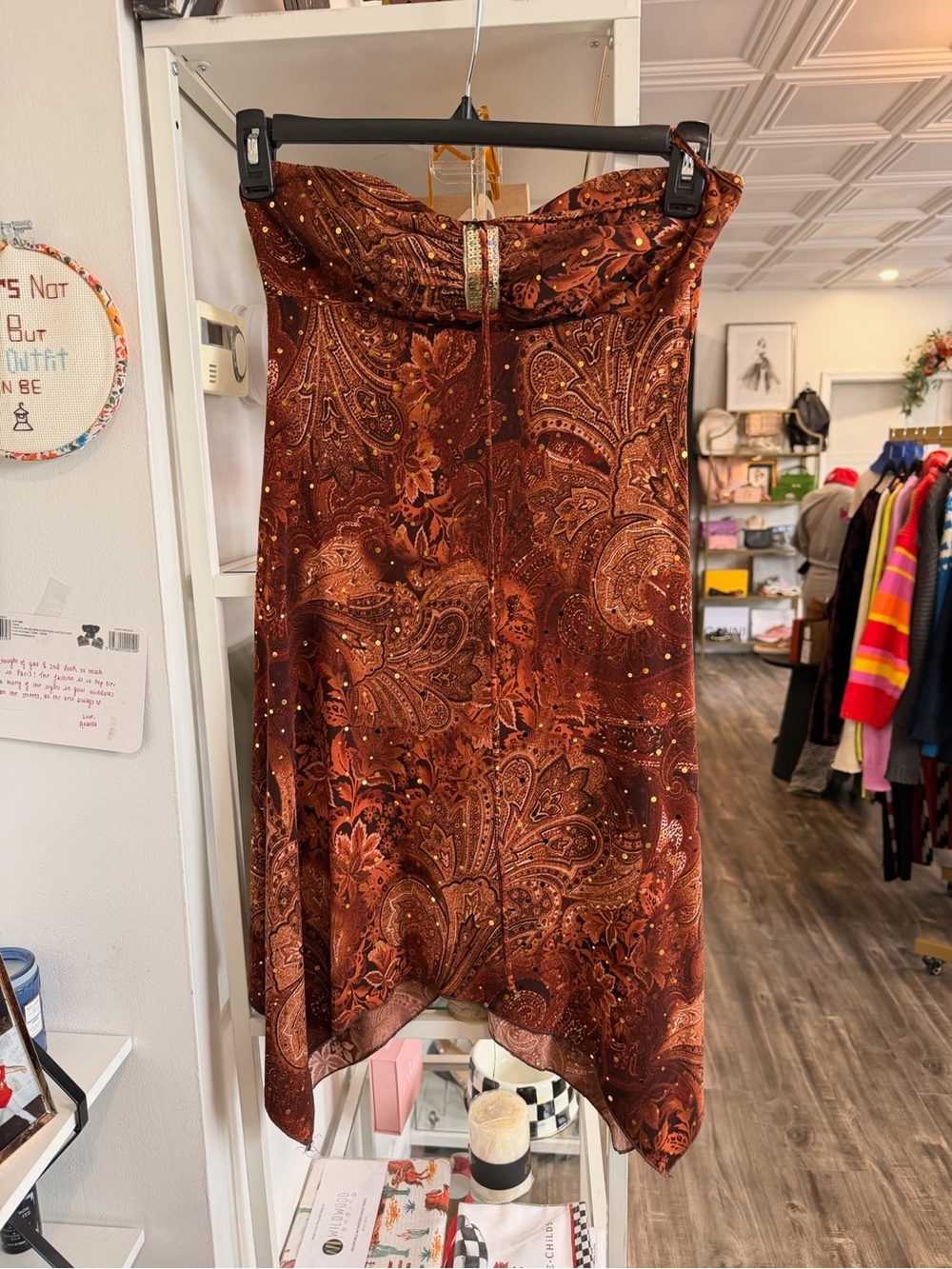 Rampage vintage Strapless Asymmetrical Paisley Dress in Burnt Copper